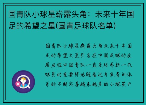 国青队小球星崭露头角：未来十年国足的希望之星(国青足球队名单)