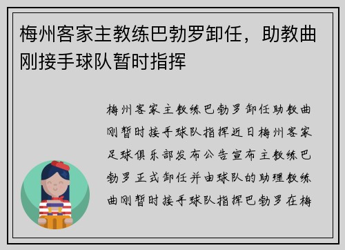 梅州客家主教练巴勃罗卸任，助教曲刚接手球队暂时指挥