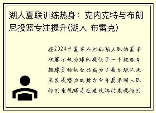 湖人夏联训练热身：克内克特与布朗尼投篮专注提升(湖人 布雷克)